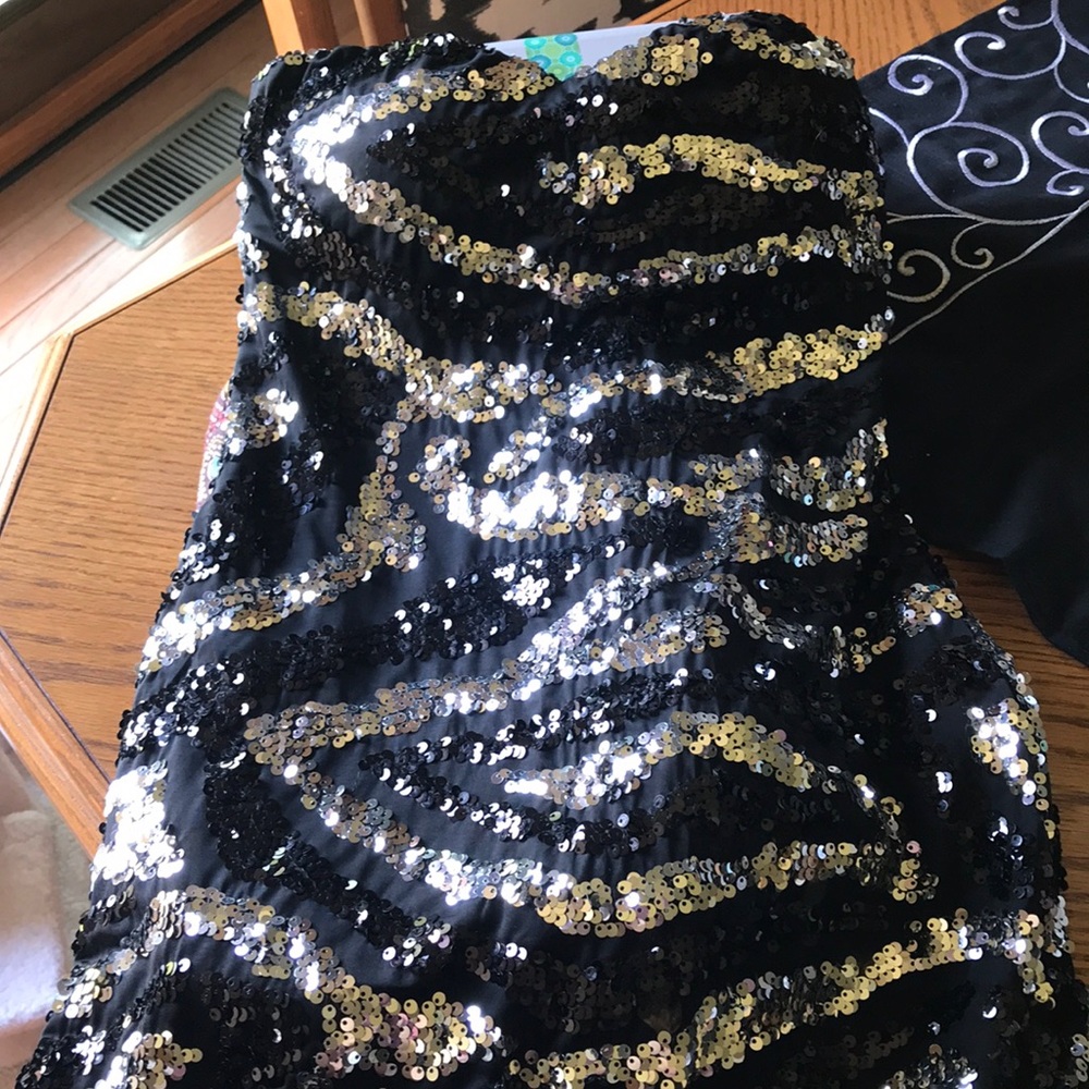 Strapless Black & Silver Sequined Mini Dress